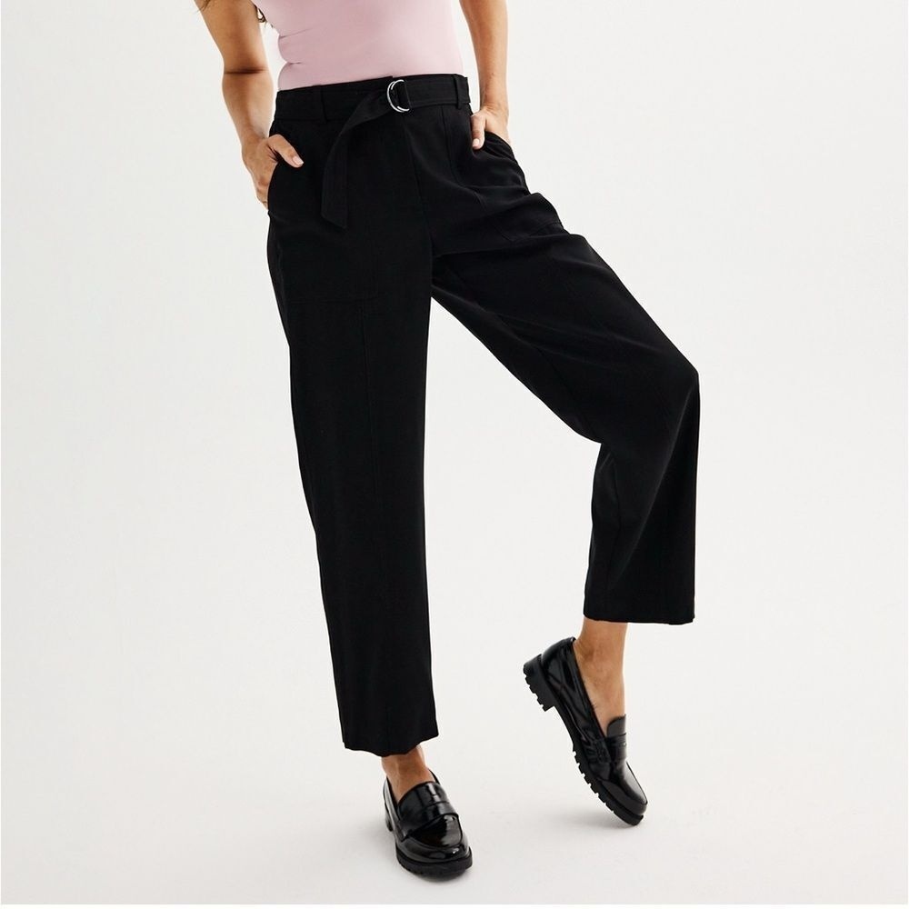 Nine West Rayon High Waist Pleated Tapered Cargo Pants in Black Size Large‎ EUC